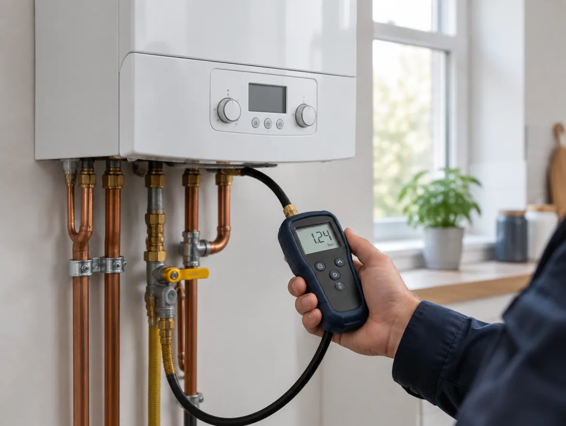 Gas engineer testing a combination boiler with a digital manometer