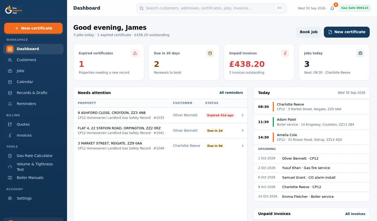 Gas Engineer App web portal dashboard with expired CP12s, renewals due, unpaid invoices, today's jobs and upcoming work
