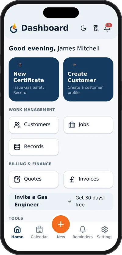 Gas Engineer App mobile dashboard