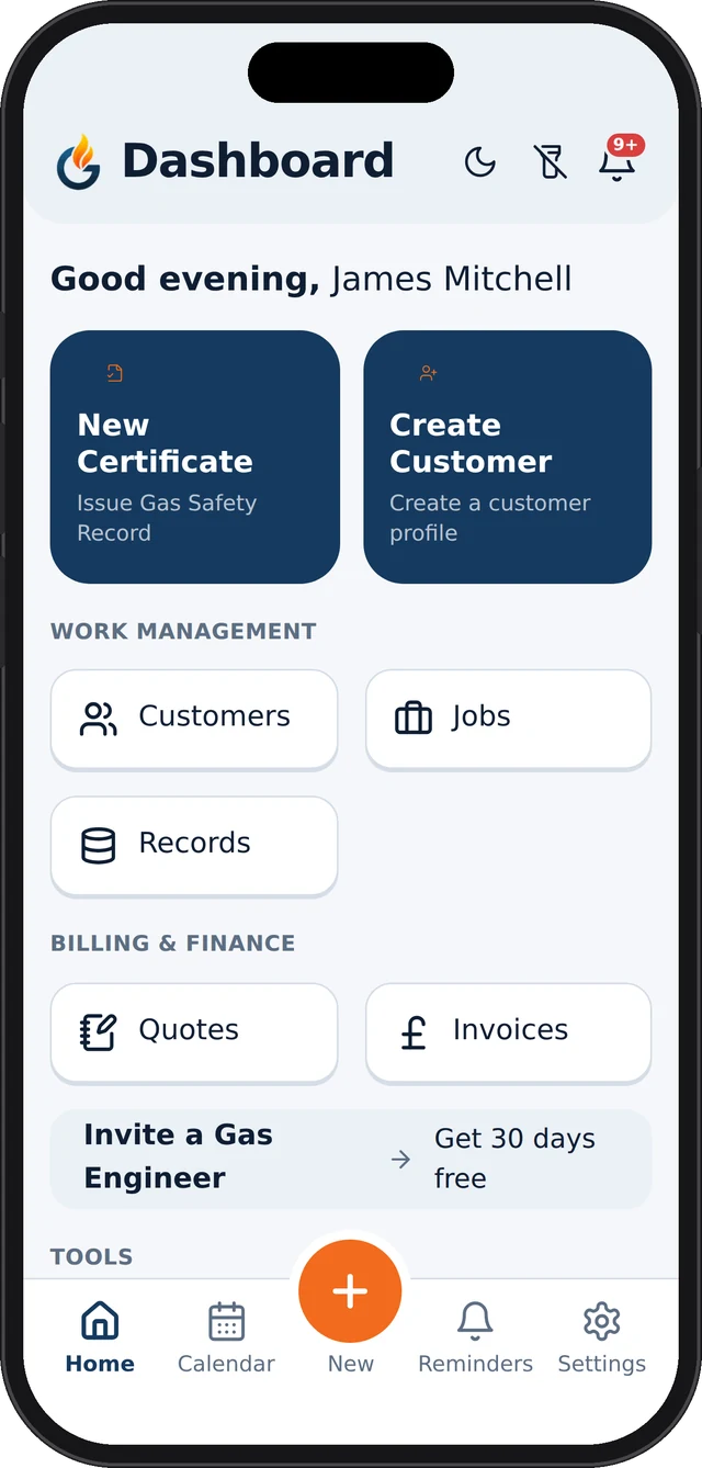 Gas Engineer App dashboard with new certificate, customers, jobs, quotes and invoices