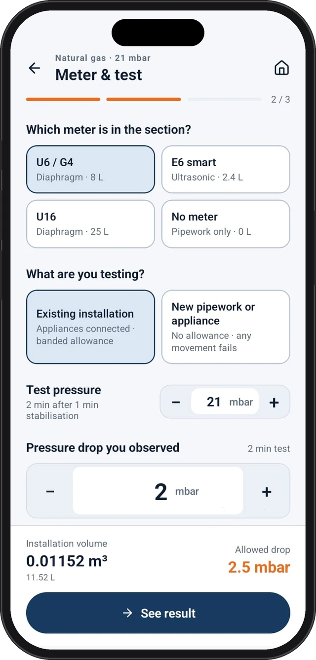 Tightness test step 2: meter type, test type, test pressure and observed pressure drop with allowed drop of 2.5 mbar