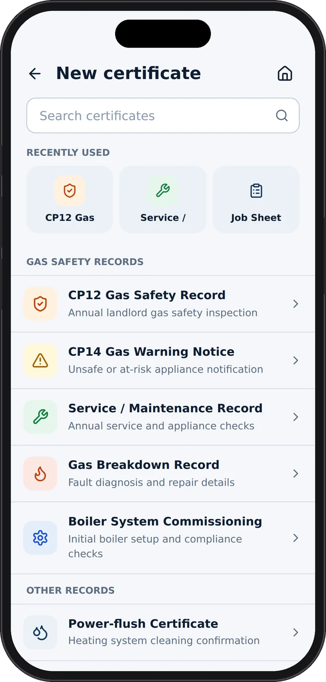 New certificate screen listing CP12, CP14, service, breakdown, commissioning and power-flush records