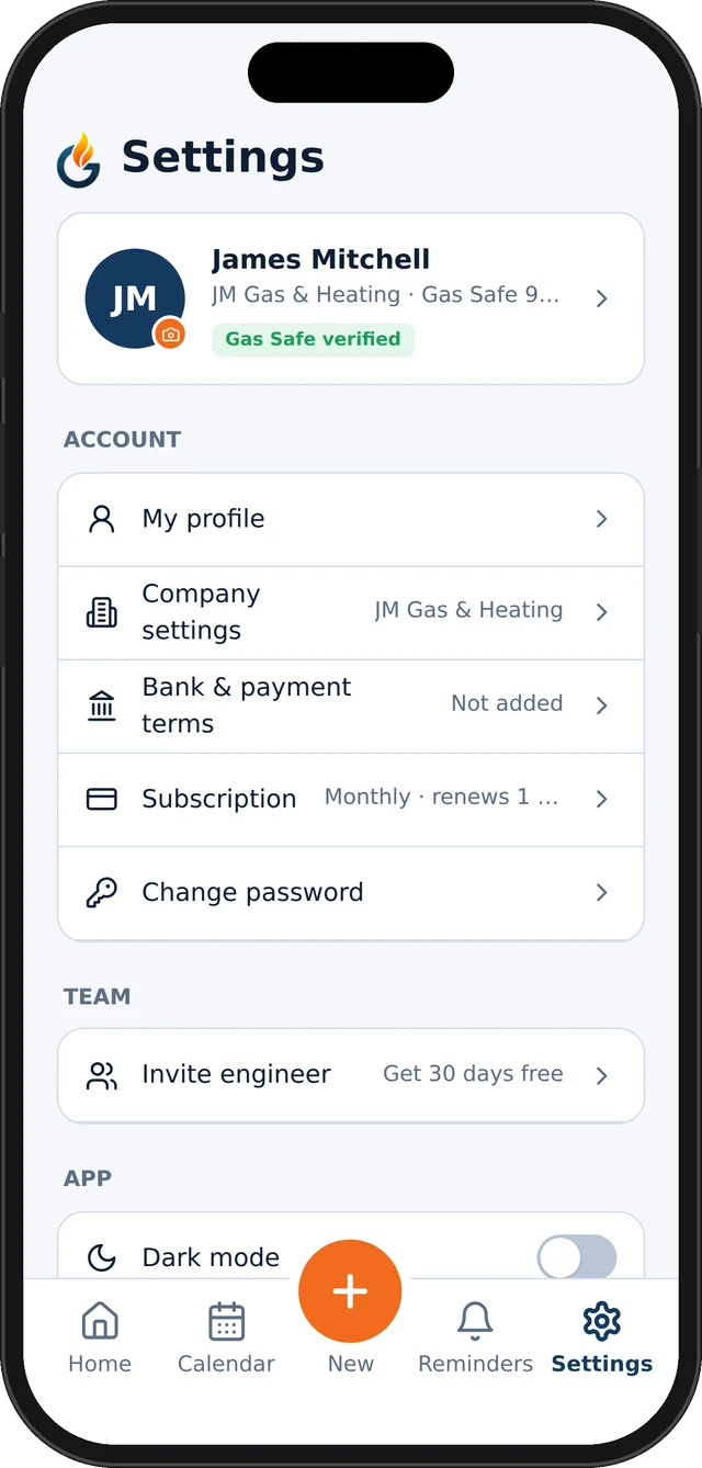 Settings with profile, company, bank details and subscription