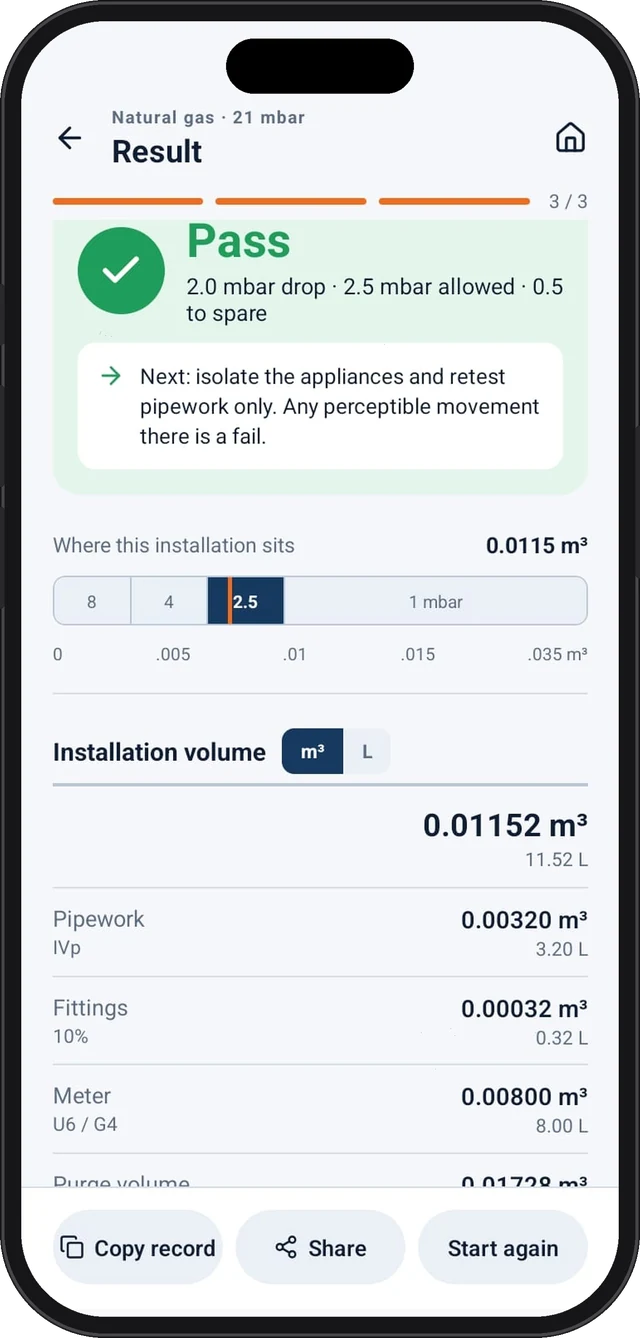 Tightness test result: pass, 2.0 mbar drop against 2.5 mbar allowed, with installation volume breakdown