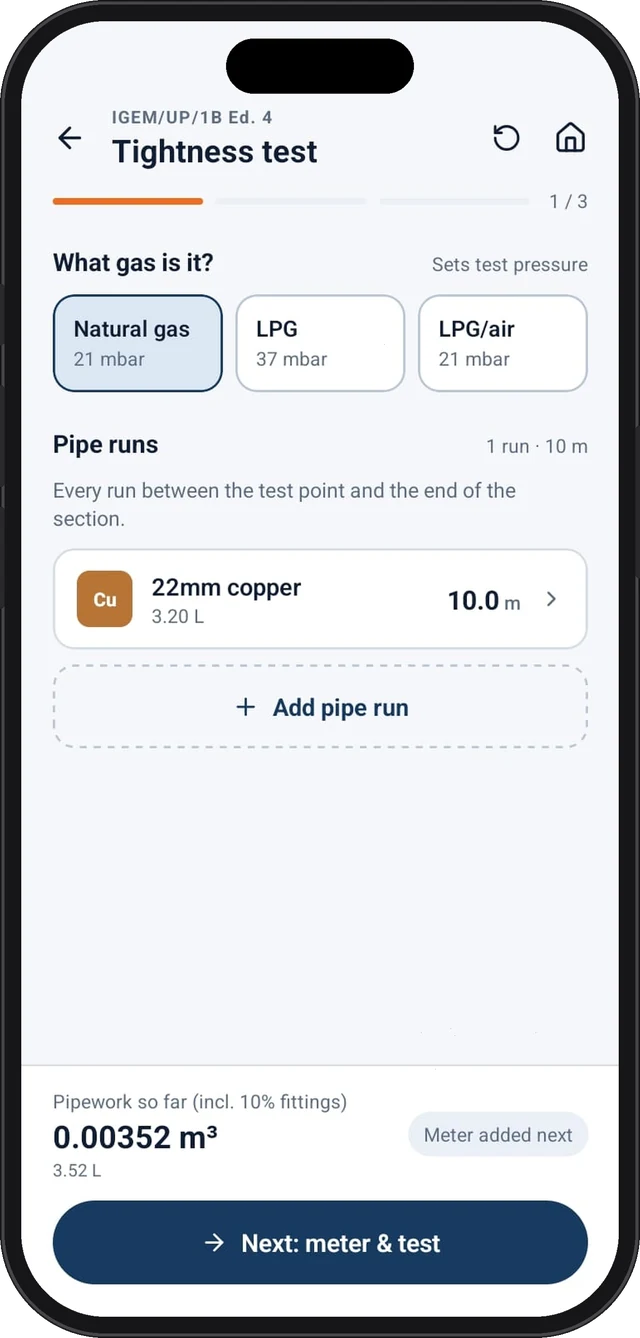Gas Engineer App tightness test calculator screen